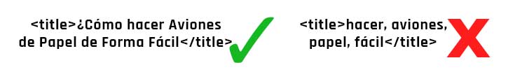 Títulos HTML dispuestos de manera correcta. Títulos: Correcto: ¿Cómo hacer Aviones de Papel de forma Fácil, Incorrecto: hacer, aviones, papel, facil